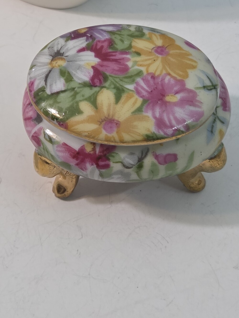 vtg 60s mcm nikoniko small 3 footed lidded trinket dish floral pink white green